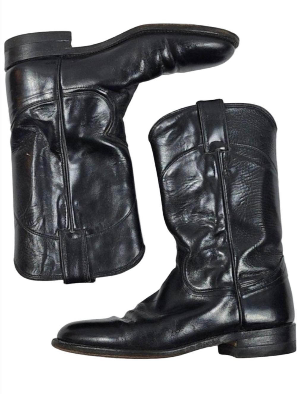 Vintage 1992 Justin Black Leather 10" Round Toe Western Cowboy Boot